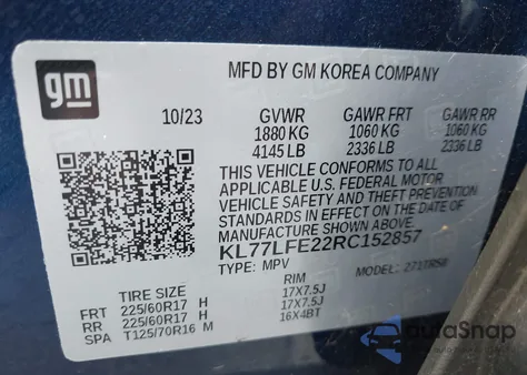 2024 Chevrolet Trax Fwd Sp из США, поврежденный, VIN KL77LFE22RC152857